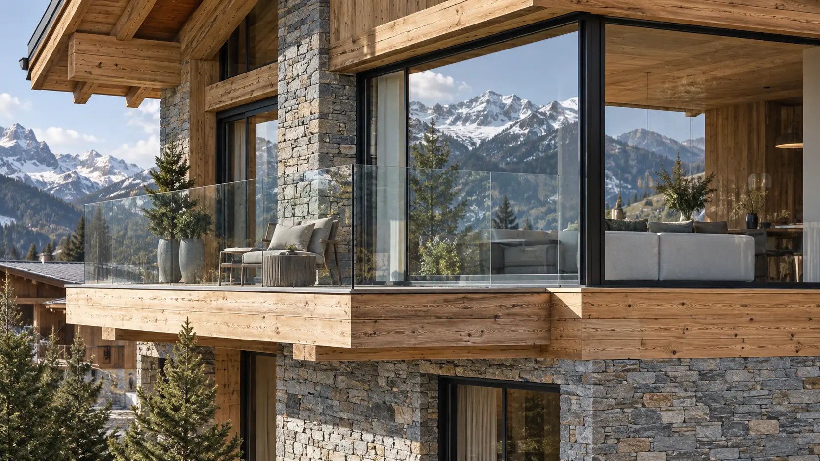 Fassadendetail eines alpinen Chalets aus Holz, Stein und Glas