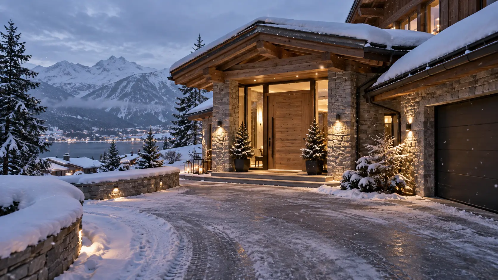 Ankunft an einem Chalet im Winter