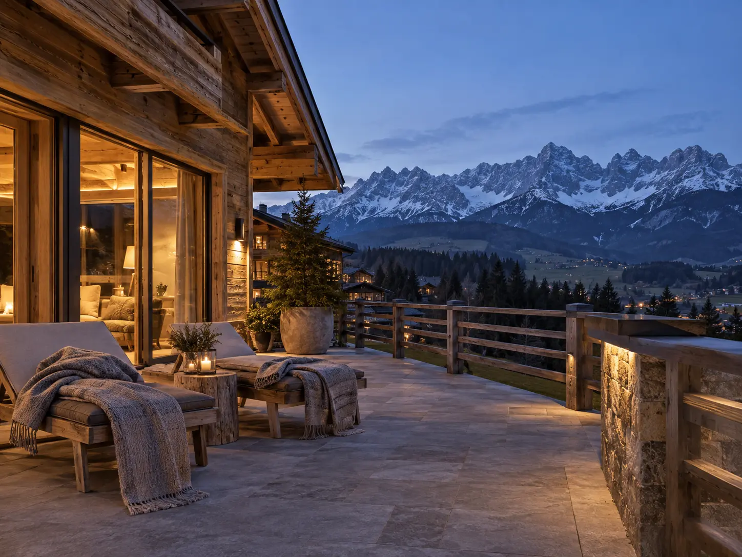 Chaletterrasse mit Bergblick in der blauen Stunde