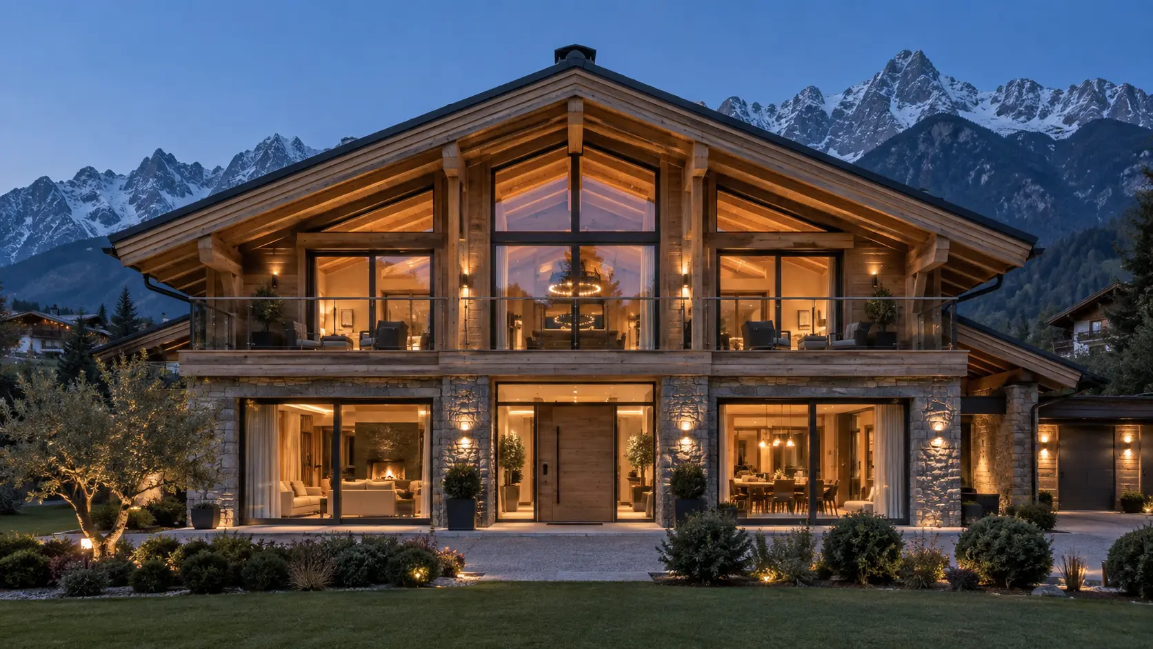 Symmetrische Frontansicht eines alpinen Chalets
