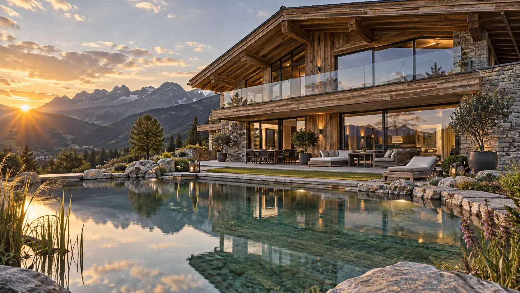 Chalet mit Naturpool aus niedriger Gartenperspektive