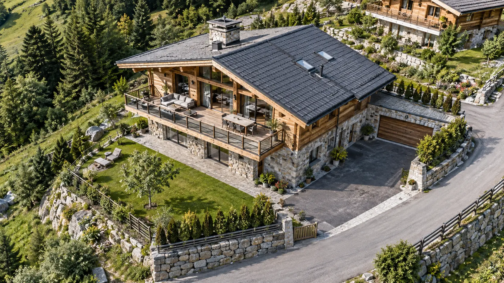 Steile Drohnenperspektive auf Chalet und Grundstück