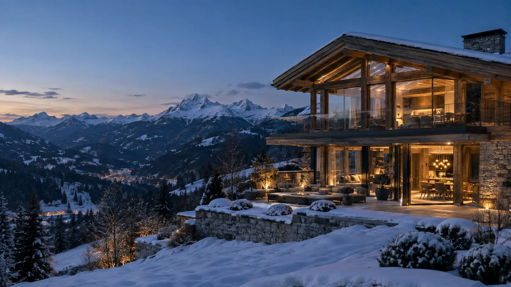 Alpines Chalet in den Tiroler Bergen bei Abendlicht