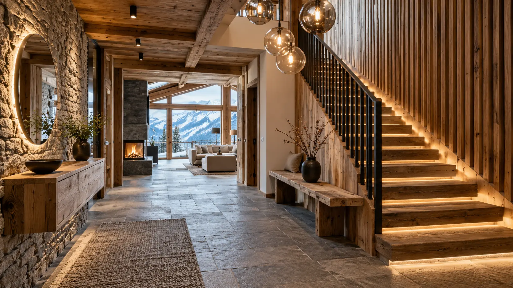 Eingangsbereich und Treppe eines Chalets